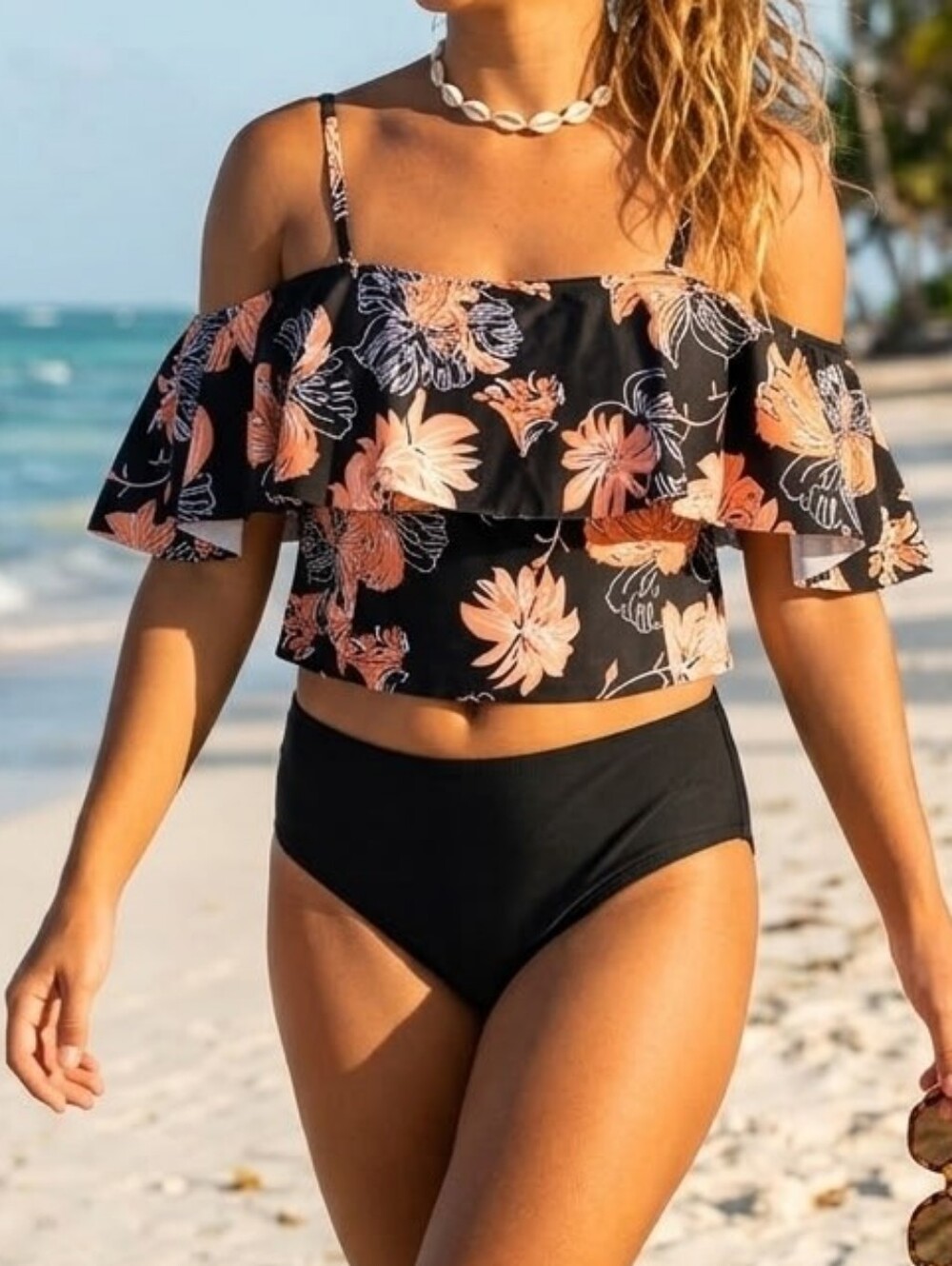 Marinavida Floral Tankini Swim Top Women’s S Black Coral Pink Off Shoulder